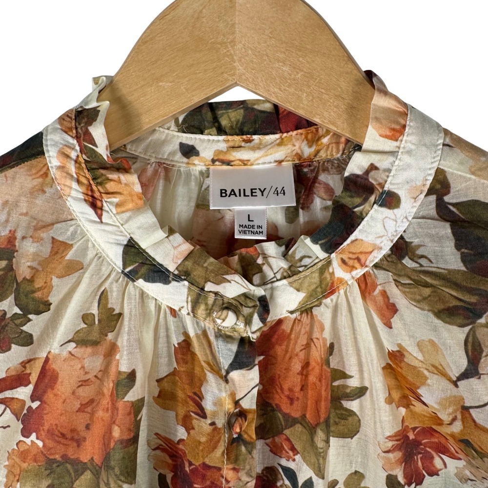 Bailey/44 Floral Blouse Womens L Ruffle Mock Neck Button Down Orange Brown
